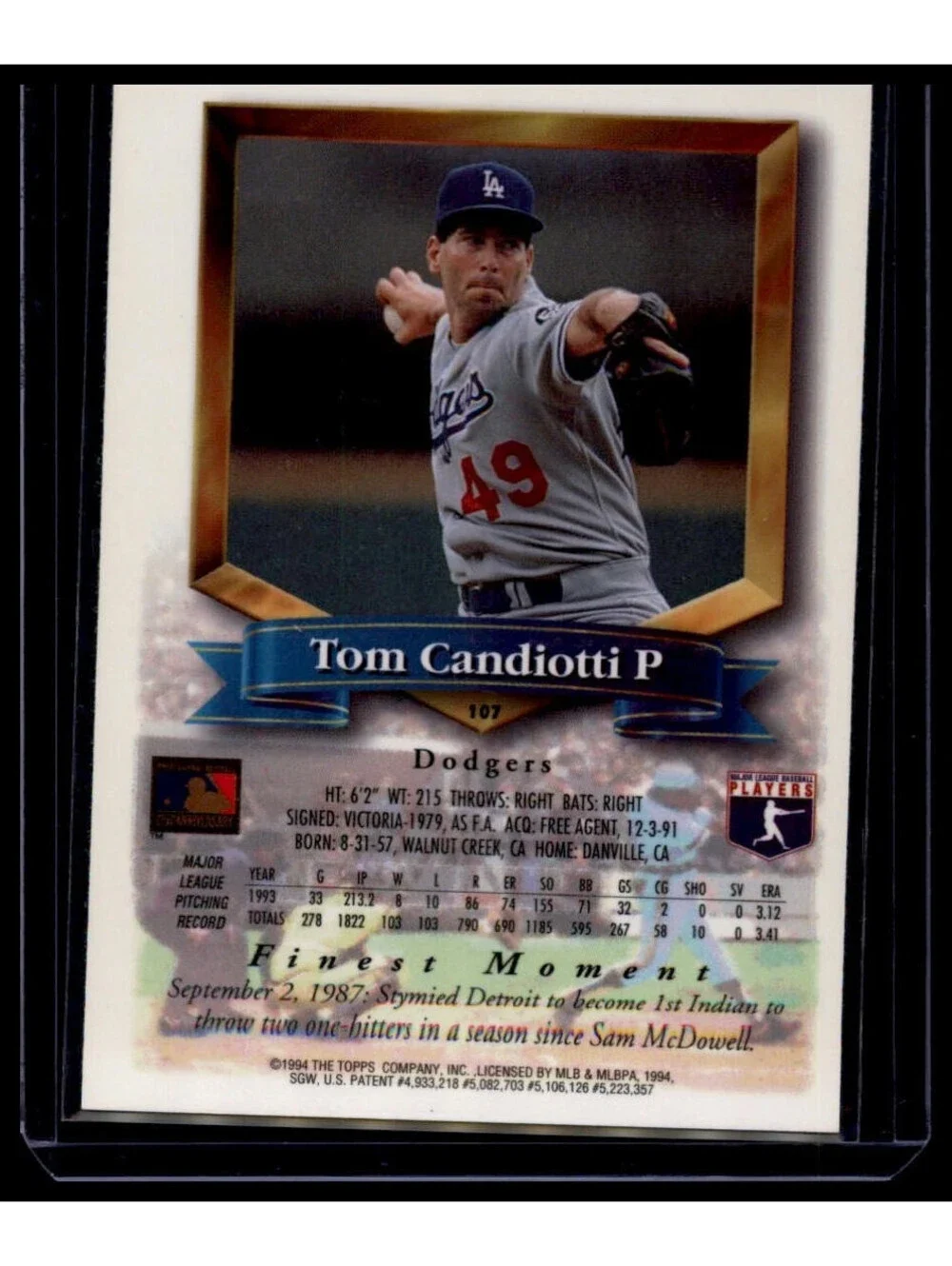 1994 Topps Finest Tom Candiotti #107 Refractor Los Angeles Dodgers